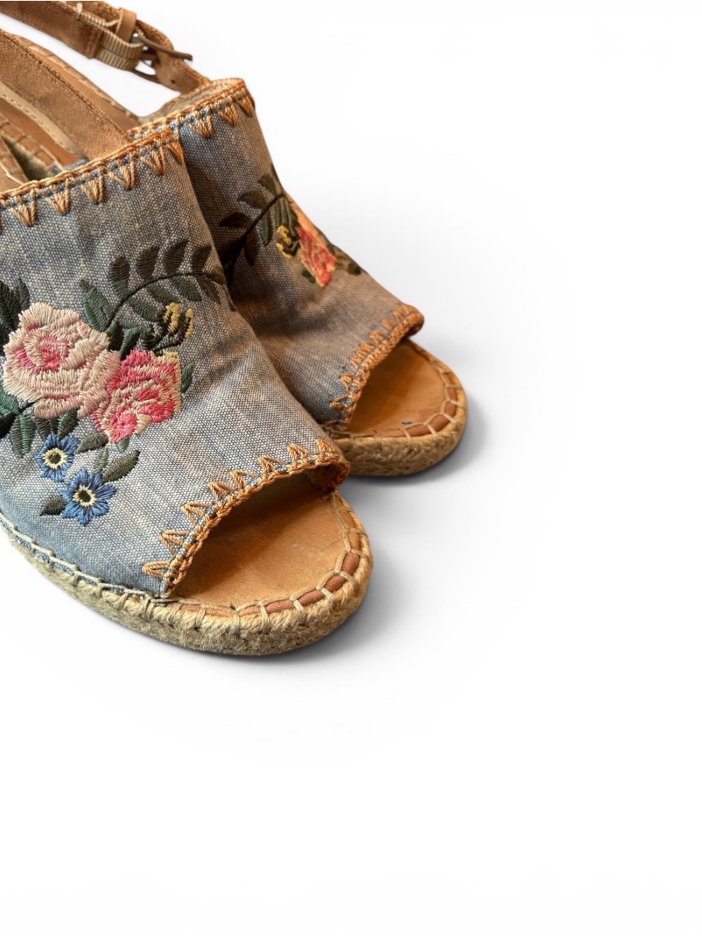 Toms Light Blue Denim Embroidered Wedge Sandals with Brown Straps | SIZE 10 0002 - Picture 3 of 6